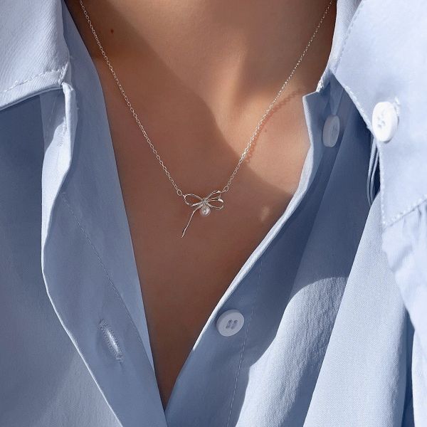 925純銀 不對稱珍珠蝴蝶結綁帶項鍊 