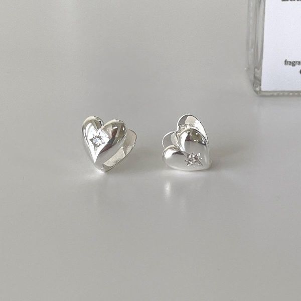 925銀針 八芒星鋯石愛心耳扣 