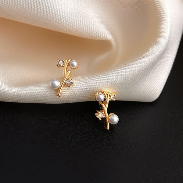 925銀針 高亮珍珠14K樹枝小耳環 