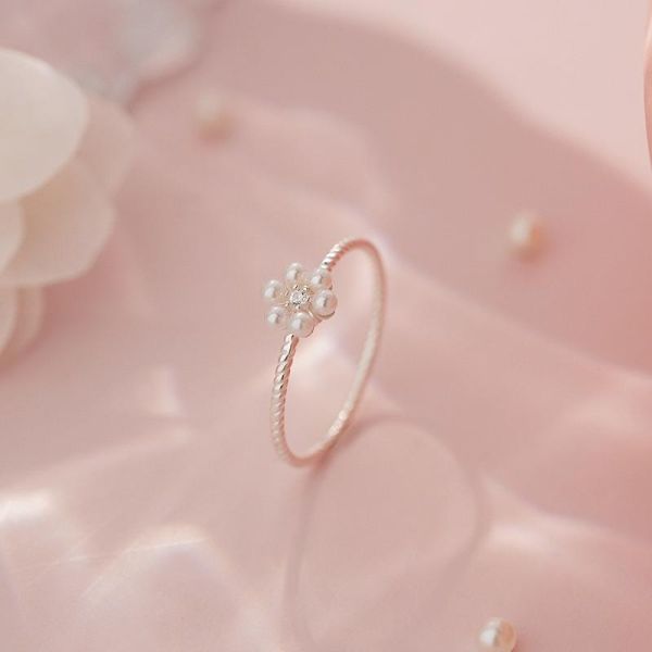 925純銀 珍珠微鑲鋯石小花戒指 