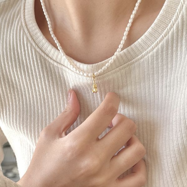 925純銀 施家珍珠金色小熊吊墜項鍊 