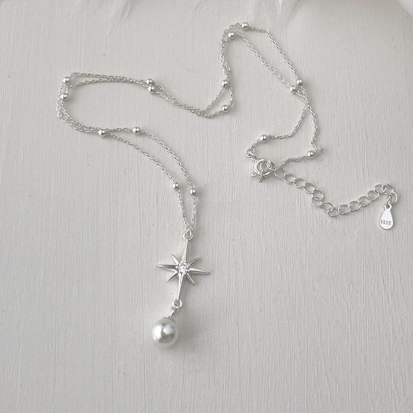 925純銀 八芒星珍珠流蘇吊墜項鍊 