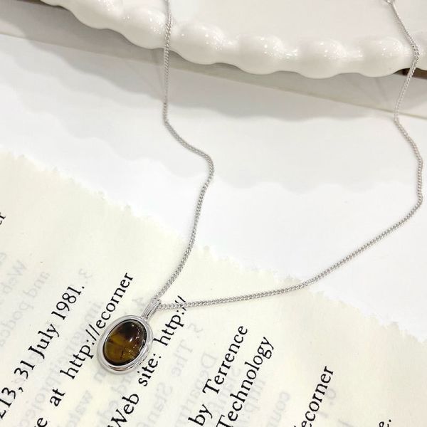 925純銀 橢圓虎眼石復古項鍊 