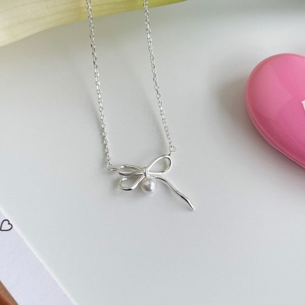 925純銀 不對稱珍珠蝴蝶結綁帶項鍊 