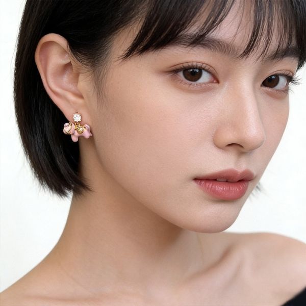 925銀針 滴釉粉紅小馬耳環 