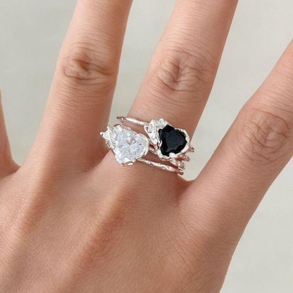 925純銀 雙層不規則鋯鑽愛心戒指 