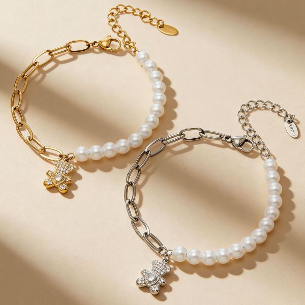 鈦鋼18K金 貝珠拼接愛心小熊手鍊 