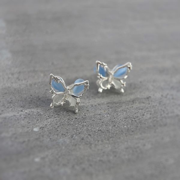 925銀針 藍玻璃貓眼石蝴蝶耳環 