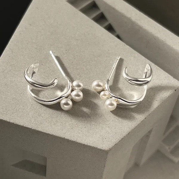 925純銀 雙層纏繞珍珠耳環 