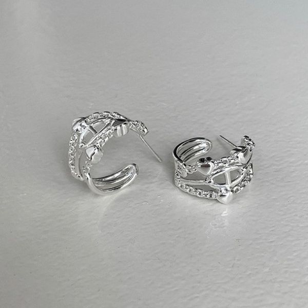 925銀針 多層鏤空線條C型耳環 