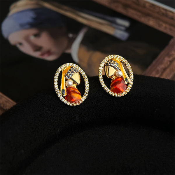 925銀針 微鑲鋯石珍珠少女彩繪耳環 