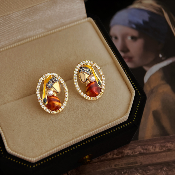 925銀針 微鑲鋯石珍珠少女彩繪耳環 