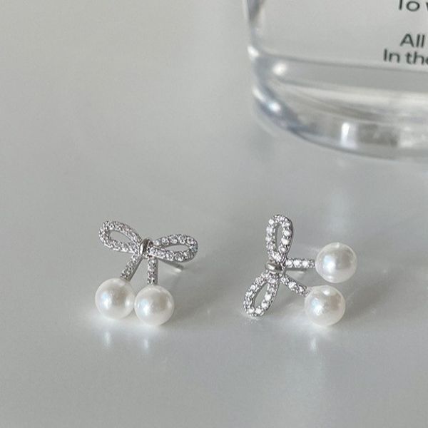 925銀針 微鑲鋯石珍珠櫻桃耳環 