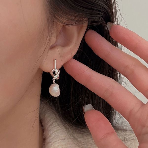 925純銀 繩結珍珠吊墜耳環 