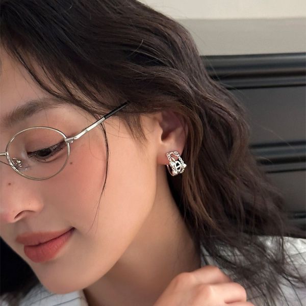 925銀針 多層鏤空線條C型耳環 