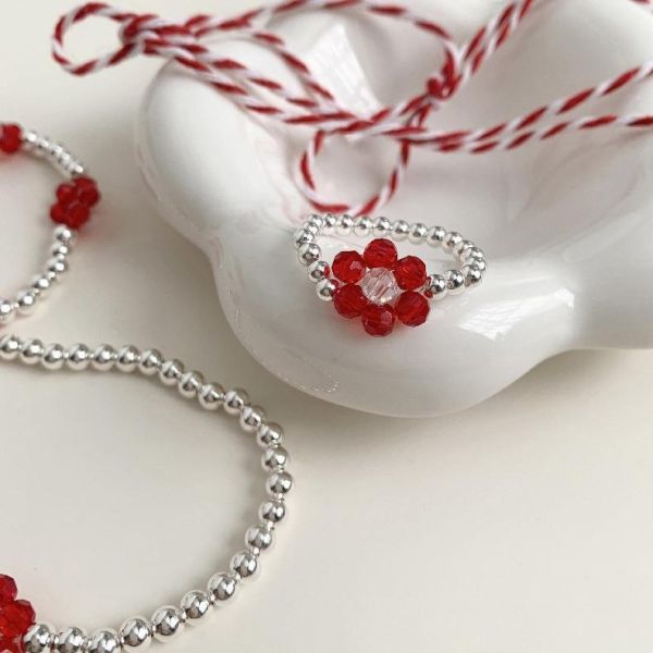 925純銀 串珠紅鋯石花朵彈性戒指 