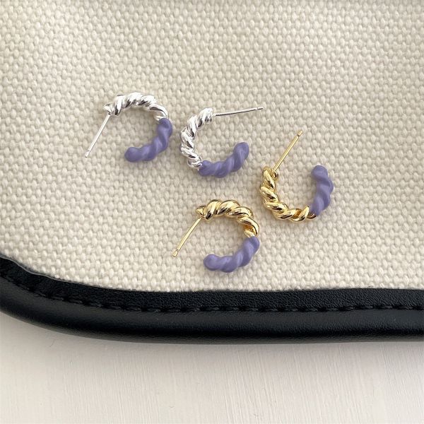 925銀針 Ｃ字麻花撞色耳環 