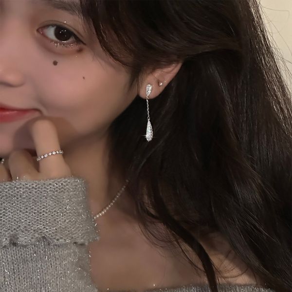 925銀針 長型碎鑽水滴吊墜耳環 