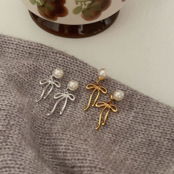 925純銀 珍珠蝴蝶結線條後掛式耳環 