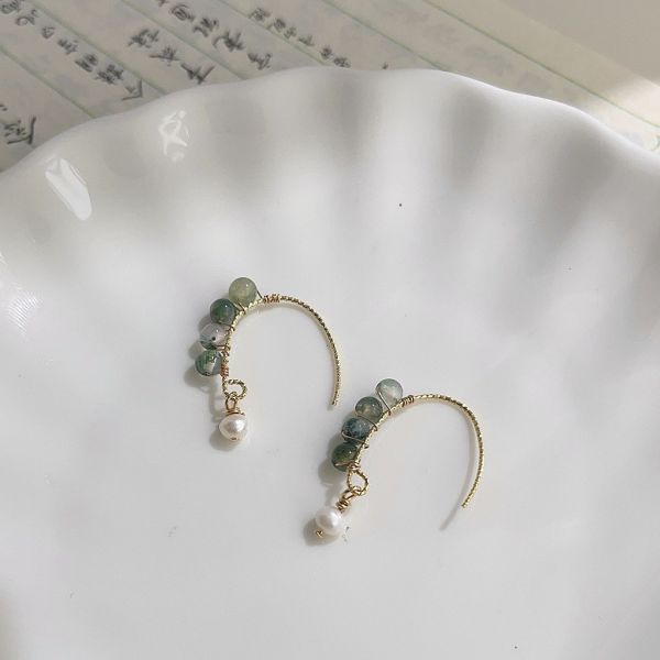 14K 手作水草石淡水珍珠耳環 