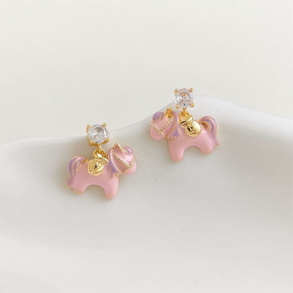 925銀針 滴釉粉紅小馬耳環 