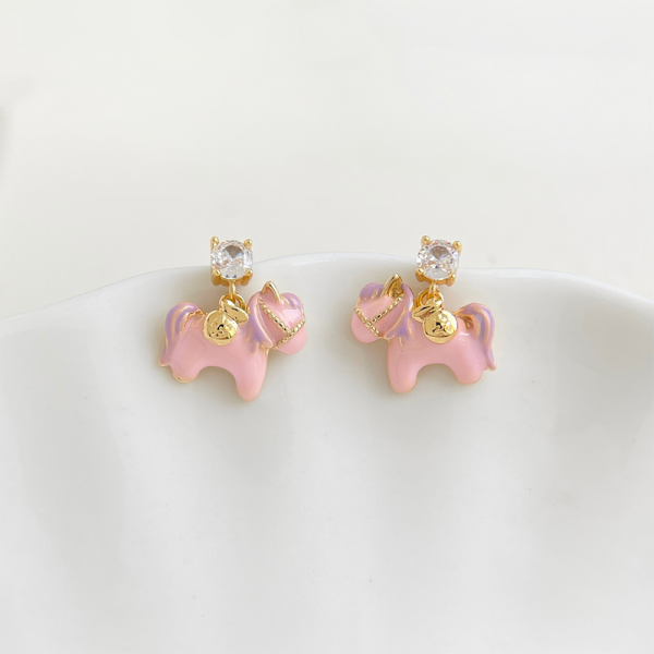 925銀針 滴釉粉紅小馬耳環 