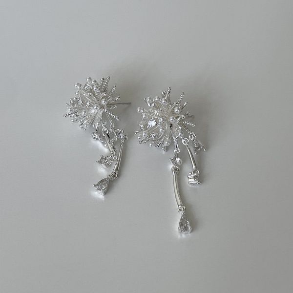 925銀針 不規則煙花鋯石流蘇耳環 