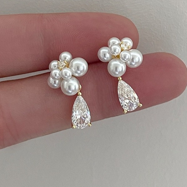 925銀針 水滴鋯石珍珠耳環 