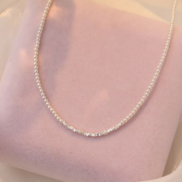925純銀 法式小直徑珍珠碎銀項鍊 