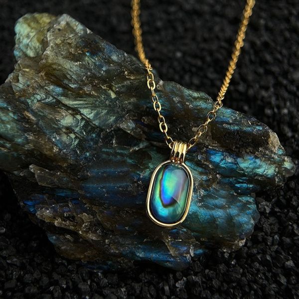 銅鍍14K金 鮑魚貝長方吊墜項鍊 