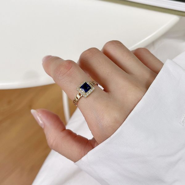 925純銀 方形深藍鋯鑽鎖鍊戒 