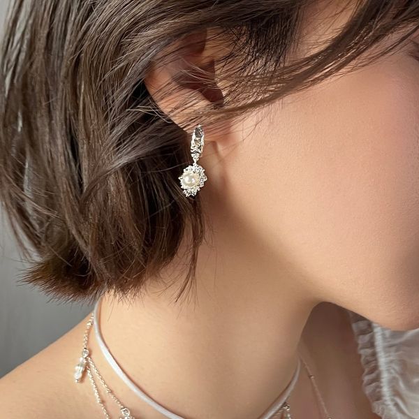 925銀針 墨綠鋯石不對稱珍珠耳扣 