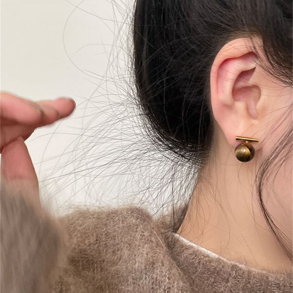 925銀針 一字虎斑色圓珠耳環 