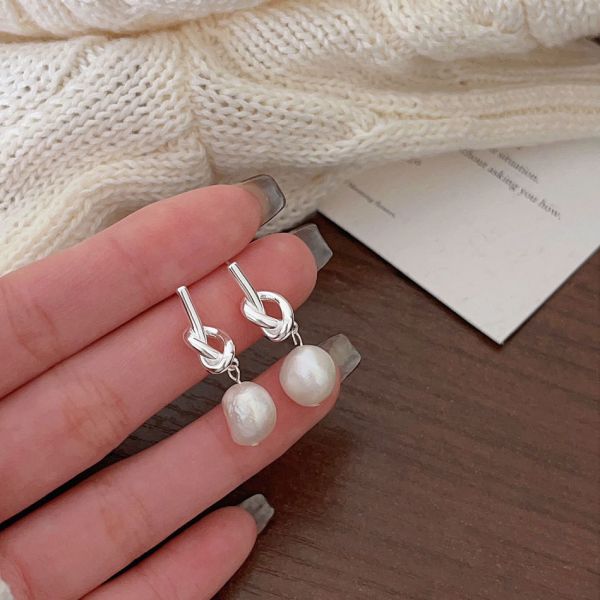 925純銀 繩結珍珠吊墜耳環 