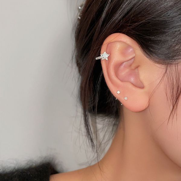 925銀針 星形微鑲鋯石耳扣 