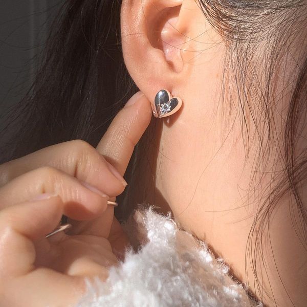 925銀針 八芒星鋯石愛心耳扣 