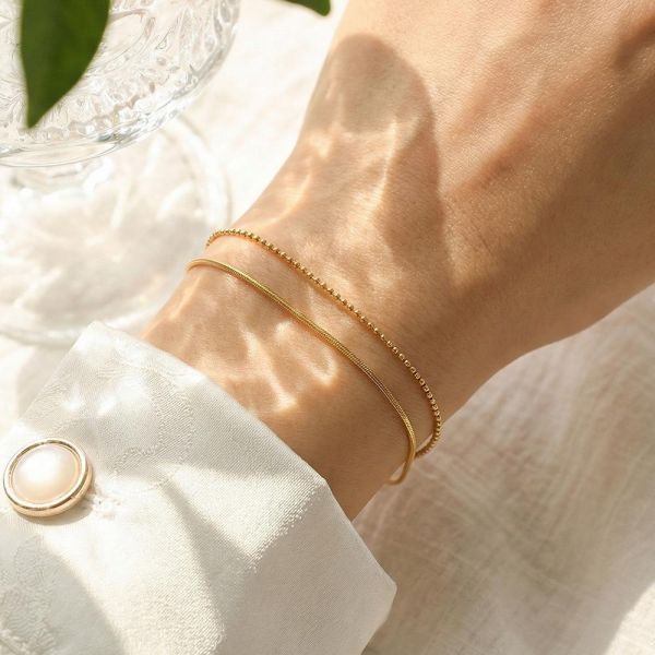 鈦鋼18K金 雙層圓珠蛇頸手鍊 