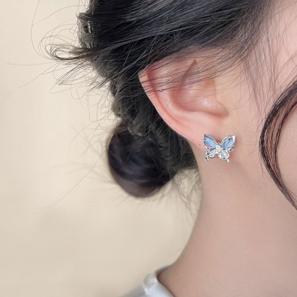 925銀針 藍玻璃貓眼石蝴蝶耳環 