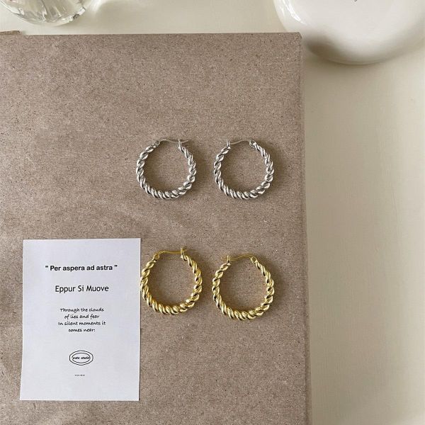 925銀針 復古粗麻花素圈耳扣 