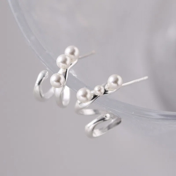 925純銀 雙層纏繞珍珠耳環 