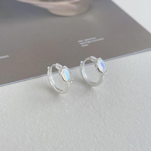 925銀針 隨形橢圓月光石耳扣 