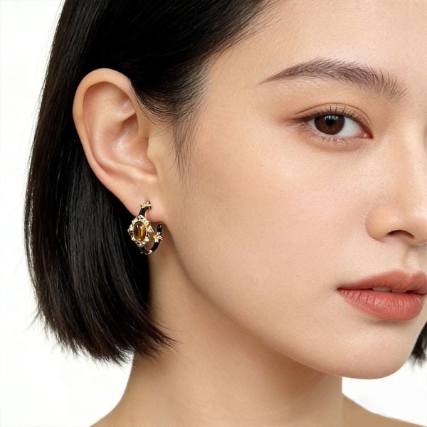 925銀針 珐瑯滴釉虎眼石C型耳環 