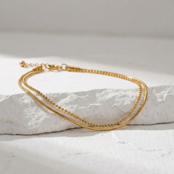 鈦鋼18K金 雙層圓珠蛇頸手鍊 