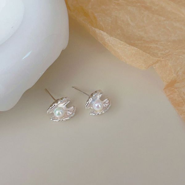 925純銀 開口貝殼珍珠耳環 