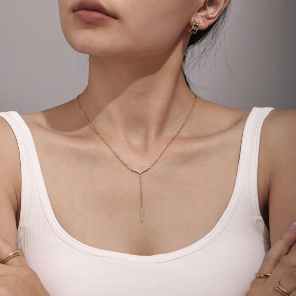 鈦鋼 V字鋯石長流蘇項鍊 