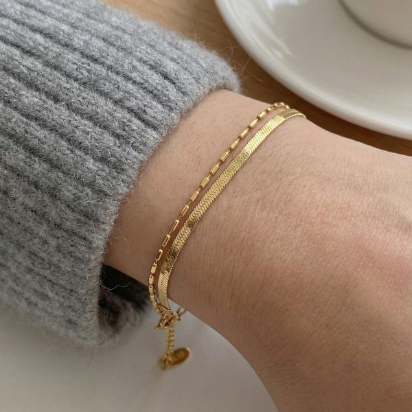 鈦鋼18K金 雙層寬版蛇頸手鍊 