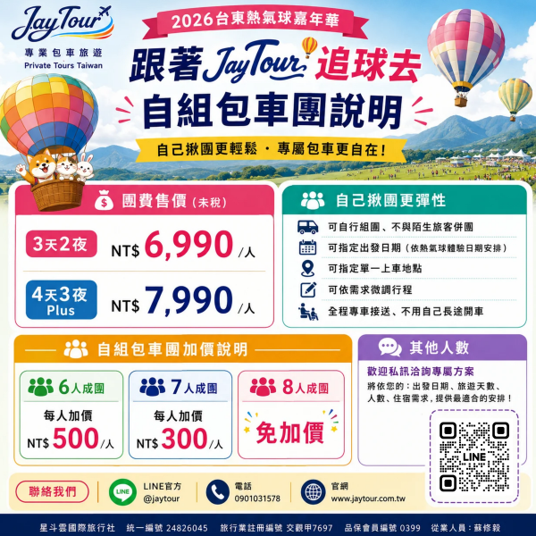 台北出發~熱氣球嘉年華花東4天3夜~每人$7990元起(訂金1990元) 2026台東熱氣球嘉年華,繫留體驗,搭上熱氣球