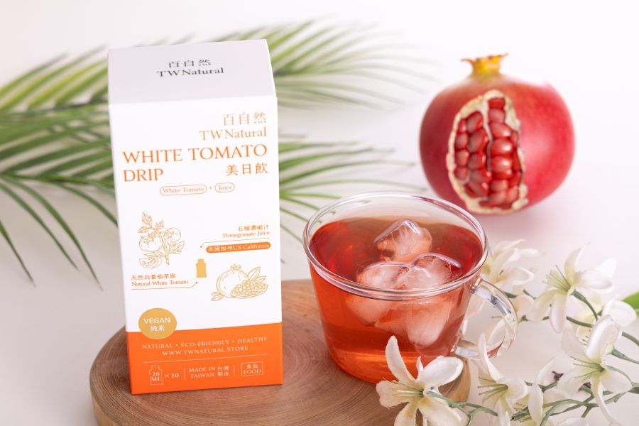 White Tomato Drip Pomegranate antioxidants, vitamin C, free radical damage, UV protection, white tomatoes, colorless carotenoids, phytoene, phytofluene, even and radiant skin.