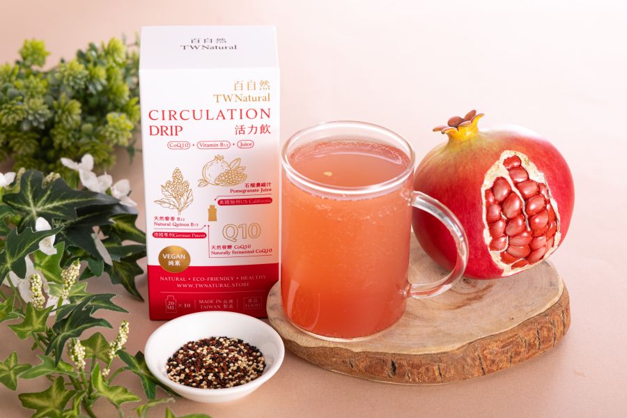 Circulation Drip Pomegranate antioxidants, free radical damage, prevention of chronic inflammation, CoQ10, improved heart function, reduced oxidative damage, active vitamin B12.