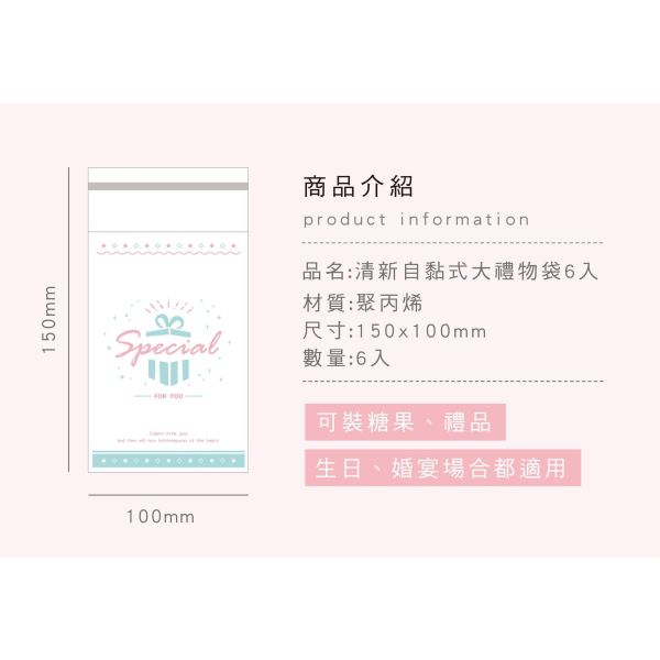 「簡單生活系列」- 清新自黏式大禮物袋6入/CBG-676 
